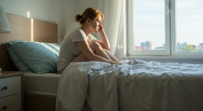 Девушка грустно смотрит в окно сидя в кровати